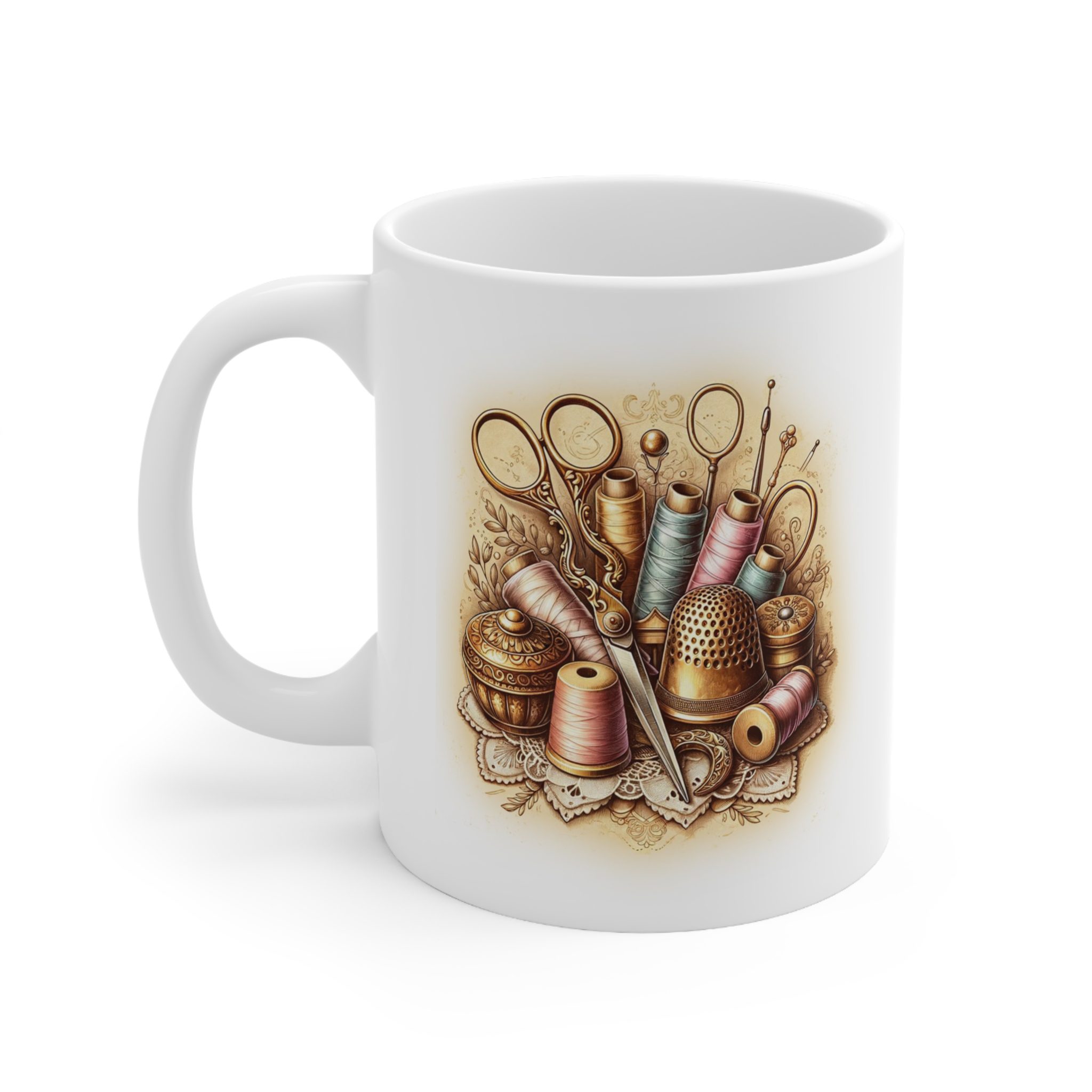 Sewing Mug – Vintage Sewing Tools & Thimble Design, Elegant Gift for Quilters & Sewing Lovers - Image 2