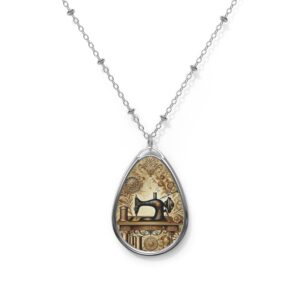 Sewing Necklace featuring an antique gold sewing machine surrounded by ornate metallic gears and spools — elegant vintage jewelry gift for quilters and sewing lovers | By T Larkin.