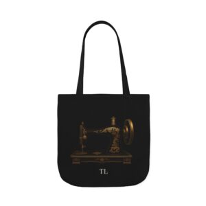 Minimalist gold sewing tote bag with ornate vintage sewing machine on black background | By T Larkin