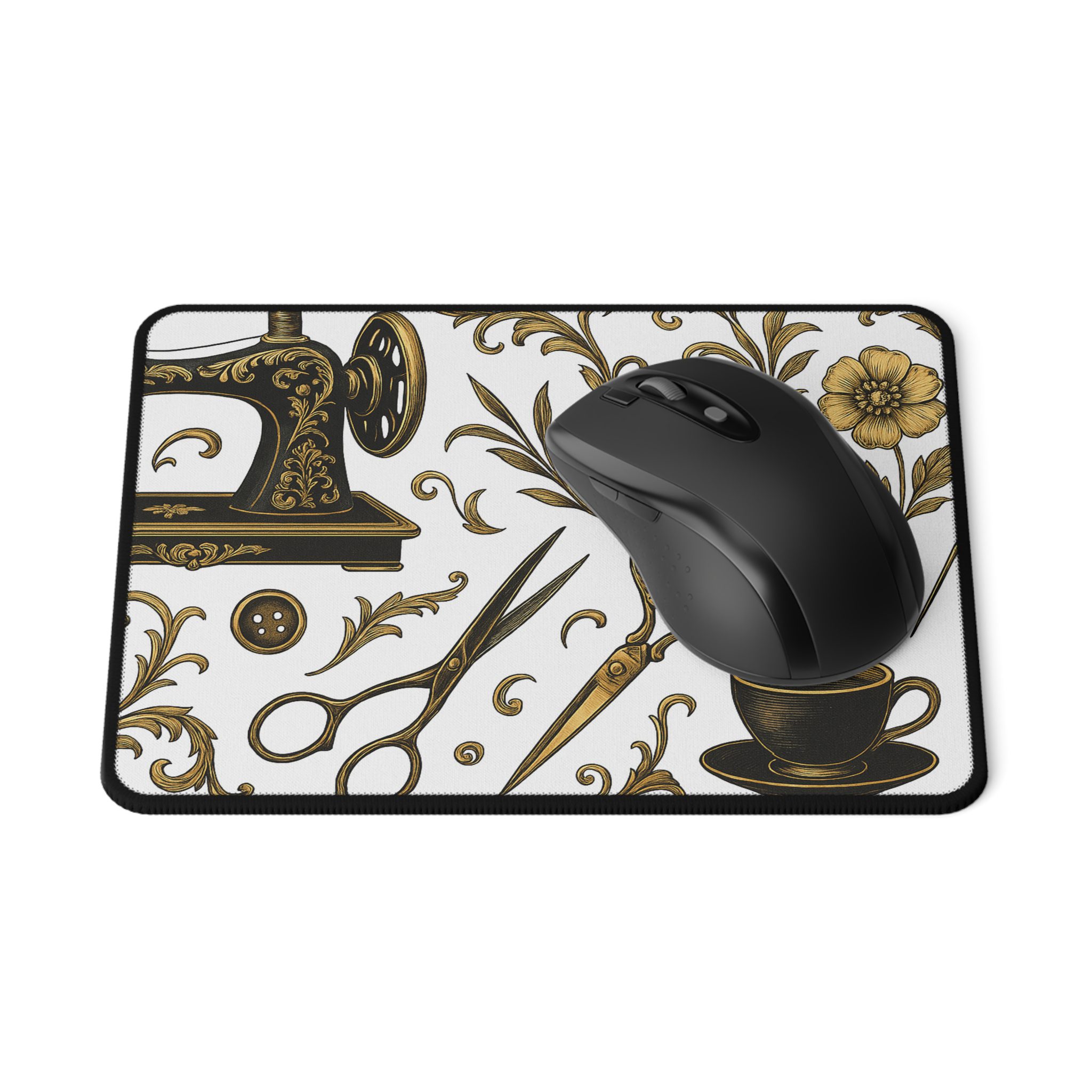 Sewing Mouse Mat – Gold Sewing Pattern with Scissors & Teacup Design, Elegant Gift for Quilters & Sewing Lovers - Image 2