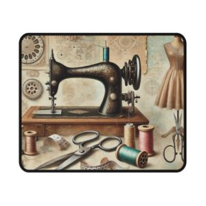 Vintage dressmaker sewing mouse mat featuring an ornate sewing machine, mannequin, spools of thread, and scissors on an aged background — elegant sewing themed gift | By T Larkin.