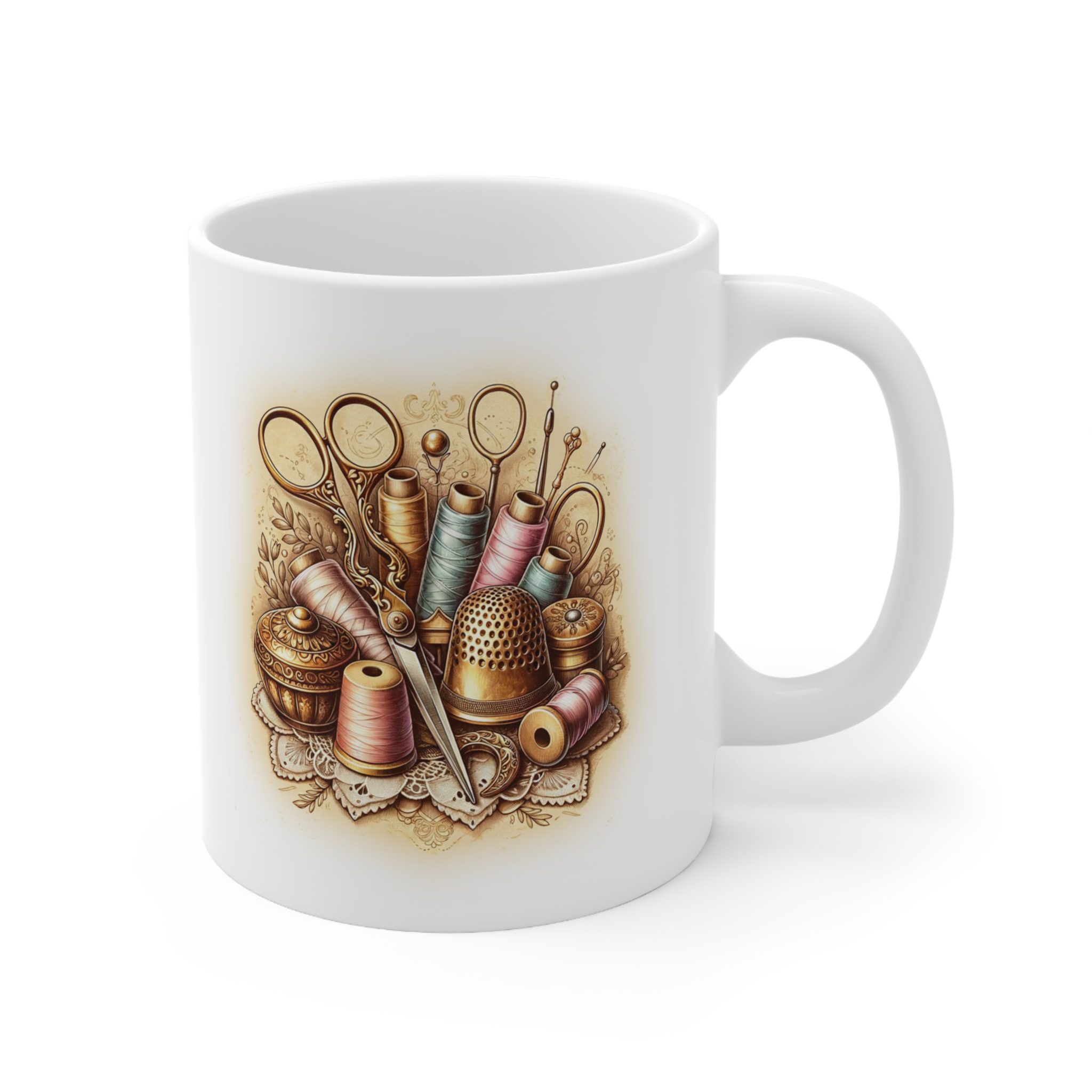 Elegant sewing mug featuring vintage sewing tools, golden scissors, thimbles, and pastel spools in a warm vintage style — perfect gift for sewing lovers | By T Larkin.