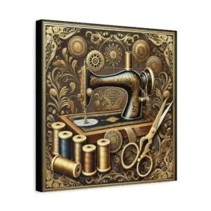 Gold filigree vintage sewing machine artwork with thread spools and ornate detailing printed on a 16x16 sewing canvas print | by T Larkin.