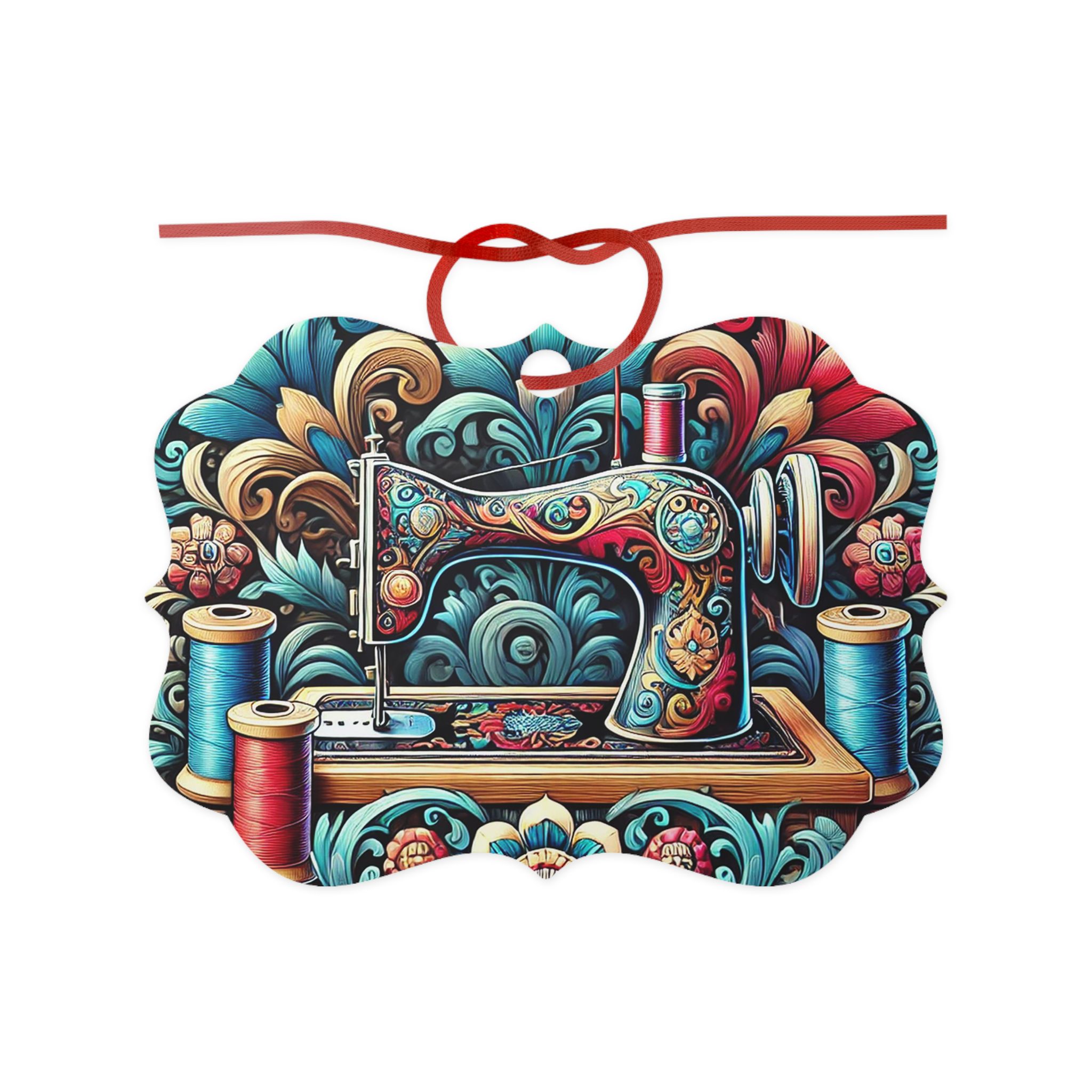 Sewing Christmas Hanging Ornament featuring a colourful vintage sewing machine with red, blue, and gold detailing surrounded by floral motifs — perfect gift for quilters and sewing lovers | By T Larkin.
