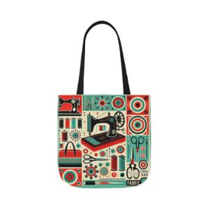 Retro modern sewing tote bag with colourful sewing machine and geometric design | By T Larkin
