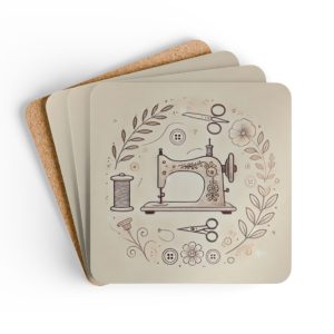 Minimalist floral sewing coasters with line-art sewing machine, leaves, spools and buttons on a beige background, glossy MDF top and cork backing | By T Larkin.