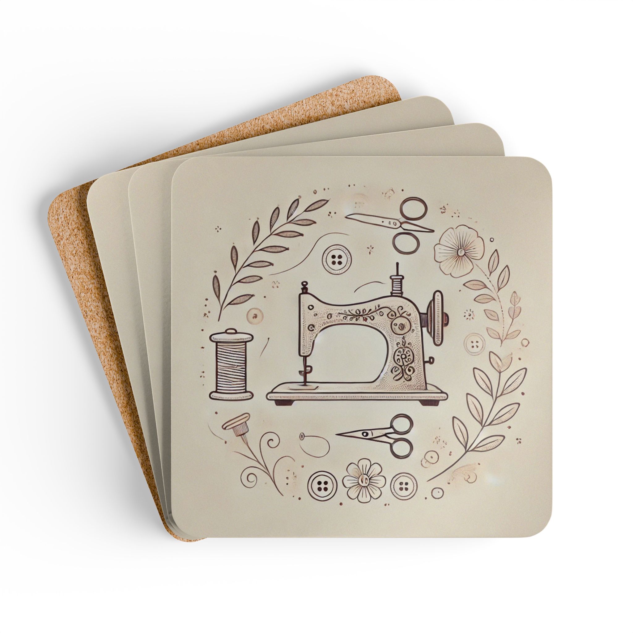 Minimalist floral sewing coasters with line-art sewing machine, leaves, spools and buttons on a beige background, glossy MDF top and cork backing | By T Larkin.