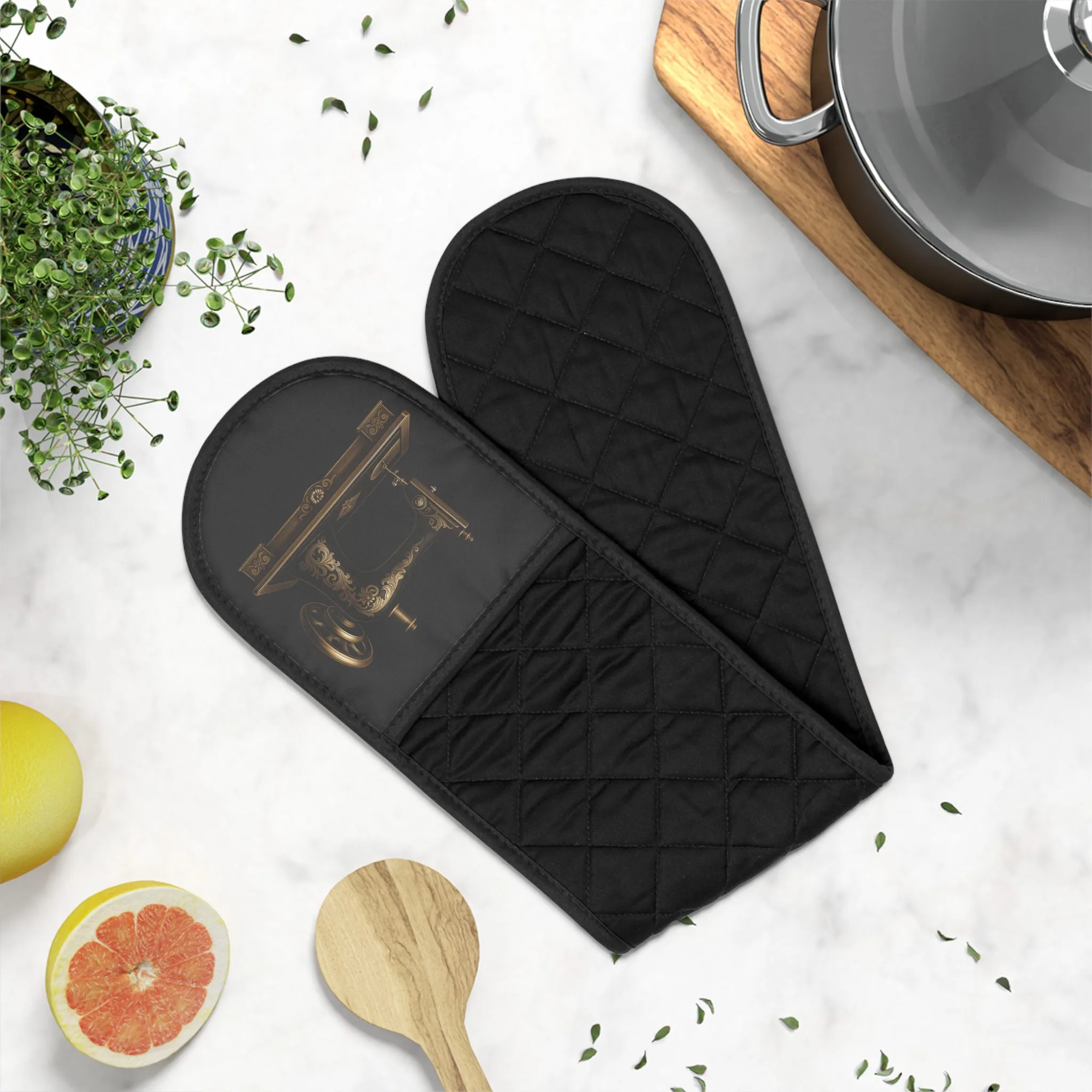 Sewing Oven Mitts – Black & Gold Vintage Sewing Machine Design, Quilter’s Kitchen Gift for Sewing Lovers - Image 5