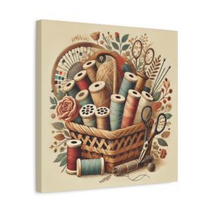 Vintage sewing basket artwork with thread spools, scissors, and floral details printed on a 16x16 sewing canvas print | by T Larkin.