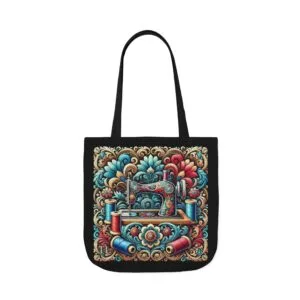 Vibrant sewing tote bag with ornate floral sewing machine and colourful thread spools – By T Larkin