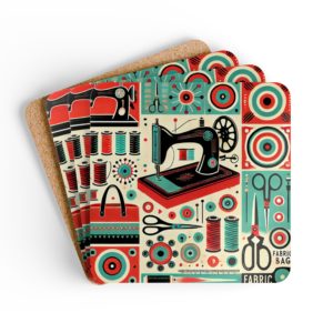 Retro teal and red sewing coasters with vintage sewing machine, spools, scissors, buttons and graphic pattern blocks, glossy MDF top and cork backing | By T Larkin.