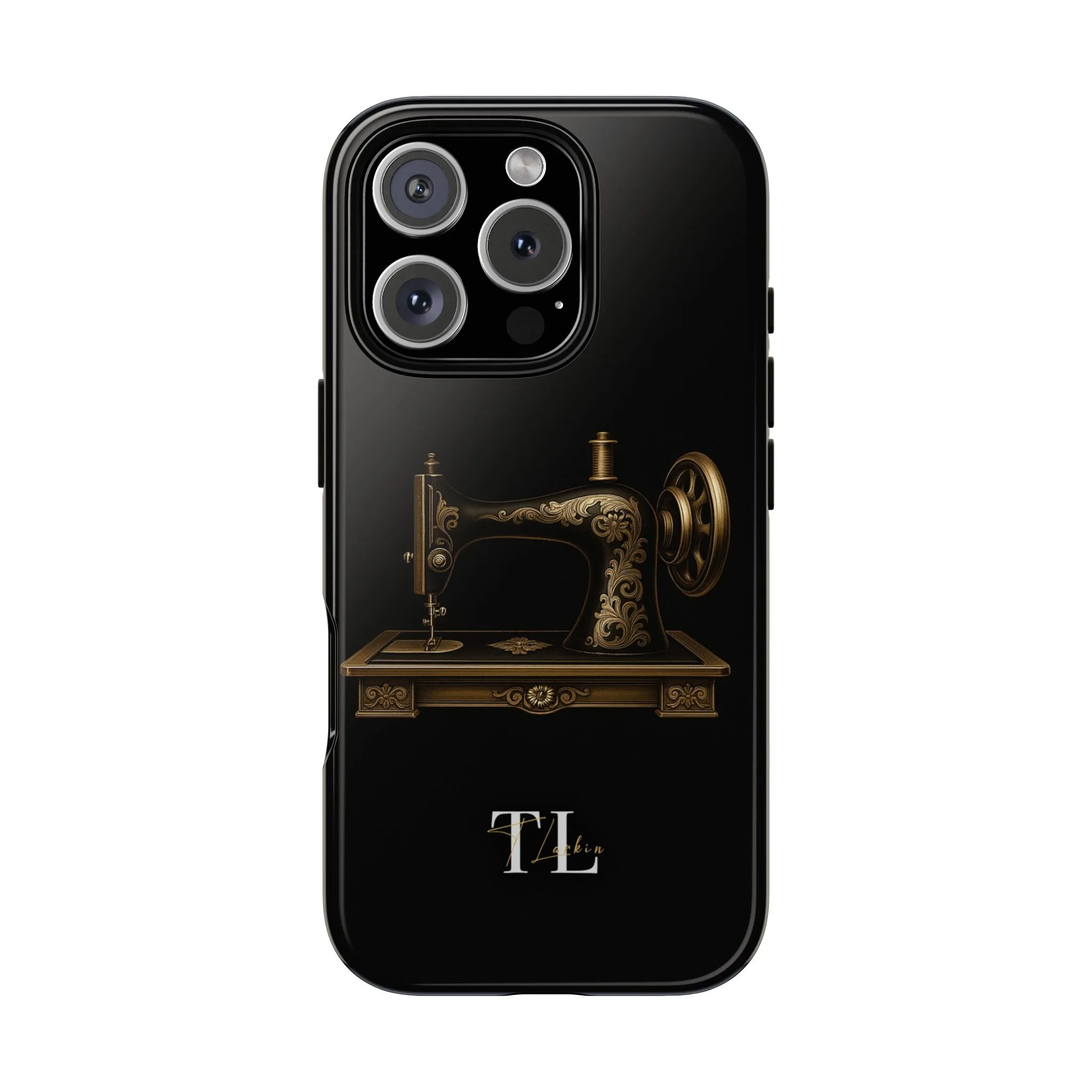 Minimalist gold vintage sewing machine phone case design on black background