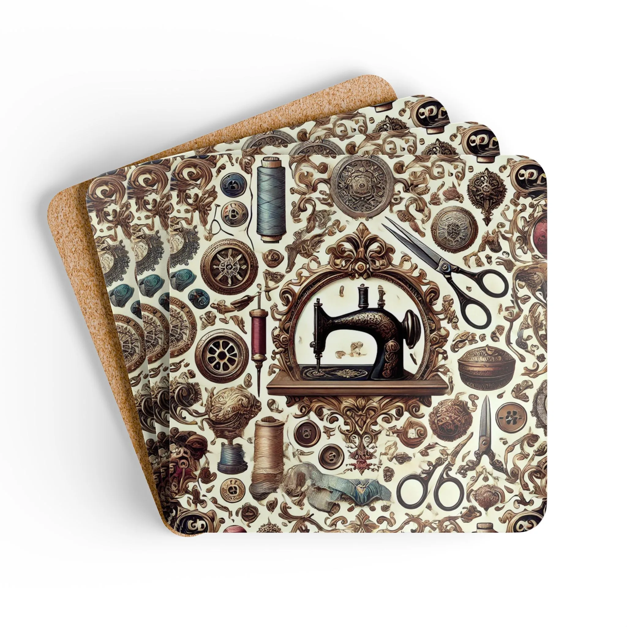Ornate vintage sewing coasters with decorative sewing machine, spools, scissors, buttons and golden flourishes on glossy MDF top with cork backing | By T Larkin.