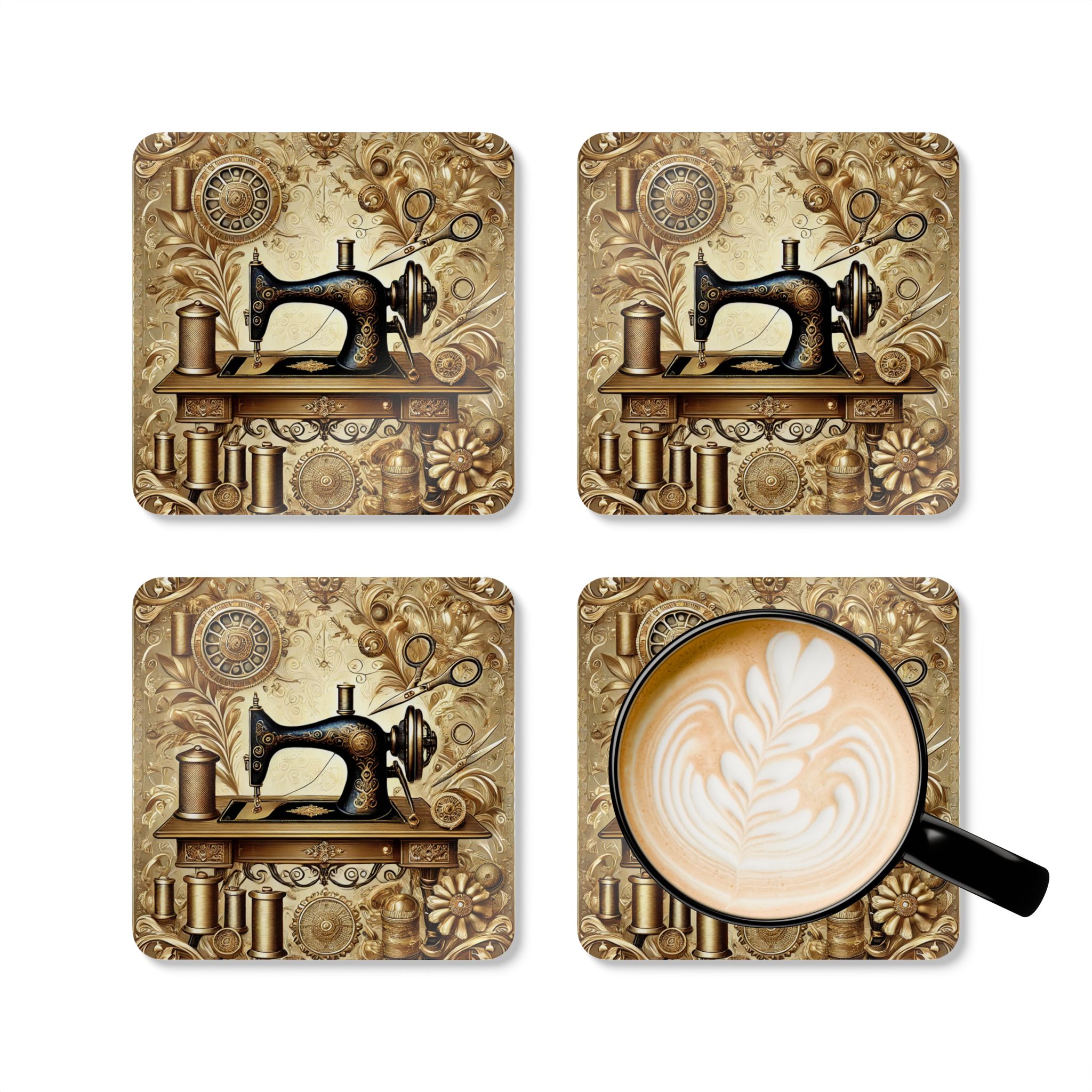 Sewing Coasters – Gold Floral Vintage Sewing Machine Design, Gift for Sewing Lovers (Set of 4) - Image 6