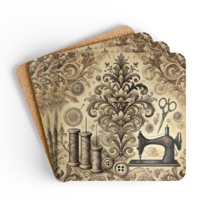 Vintage sewing coasters featuring antique sewing tools, spools, scissors and ornate sepia flourishes with glossy MDF top and cork backing | By T Larkin.