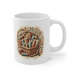 Cozy sewing mug featuring a vintage sewing basket filled with colourful spools, scissors, and floral accents — heartwarming sewing themed gift | By T Larkin.