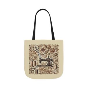 Antique floral sewing tote bag with vintage sewing machine and thread spools – By T Larkin