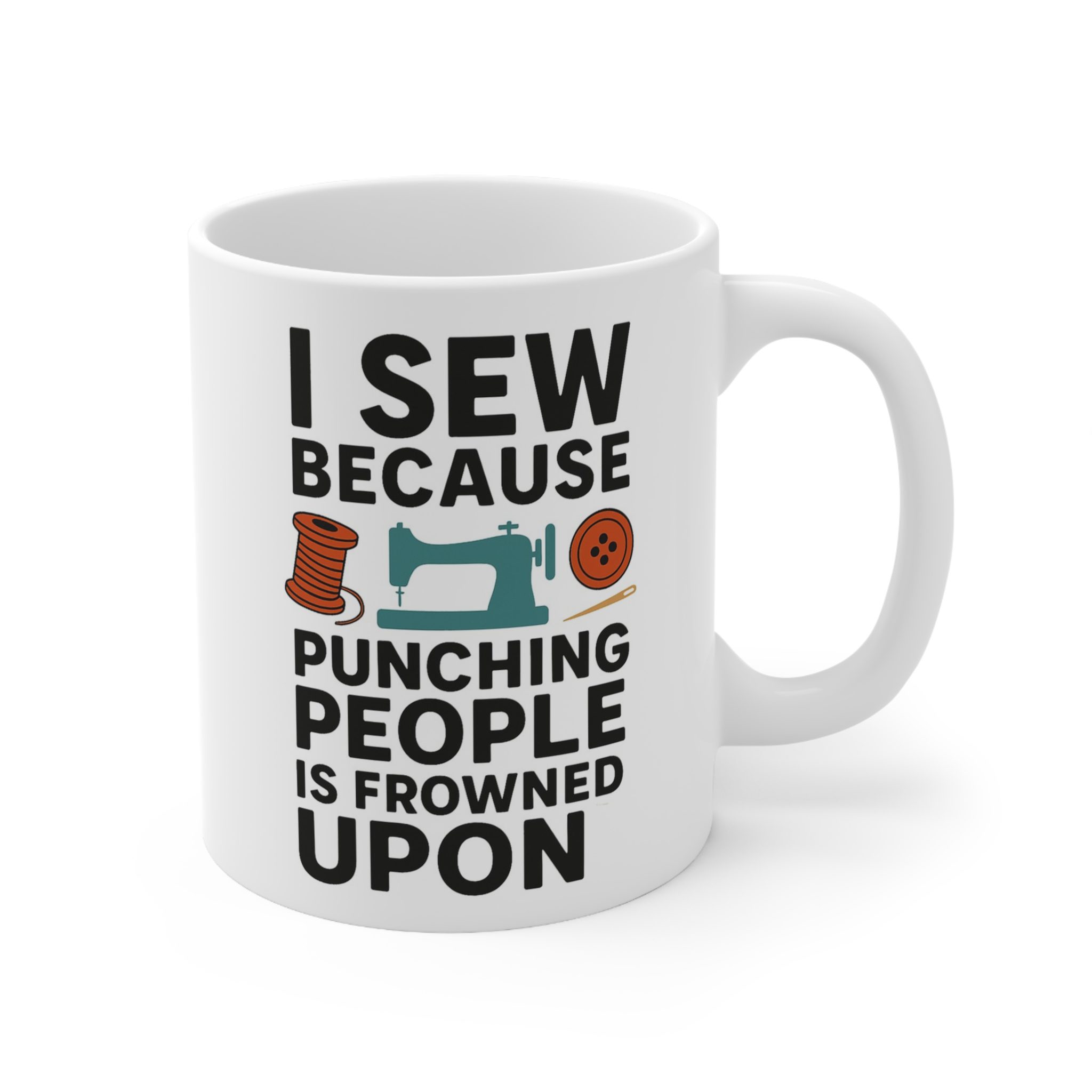 Funny sewing mug with quote “I Sew Because Punching People Is Frowned Upon,” featuring retro spool, button, and machine illustrations — perfect gift for sewing lovers | By T Larkin.