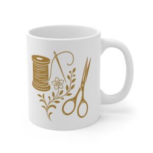 Elegant gold spool and needle sewing mug design with floral threadwork – stylish gift for sewing lovers and quilters | By T Larkin.