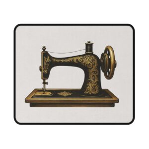Minimalist sewing mouse mat featuring a gold vintage sewing machine illustration on a white background — elegant sewing themed desk accessory | By T Larkin.