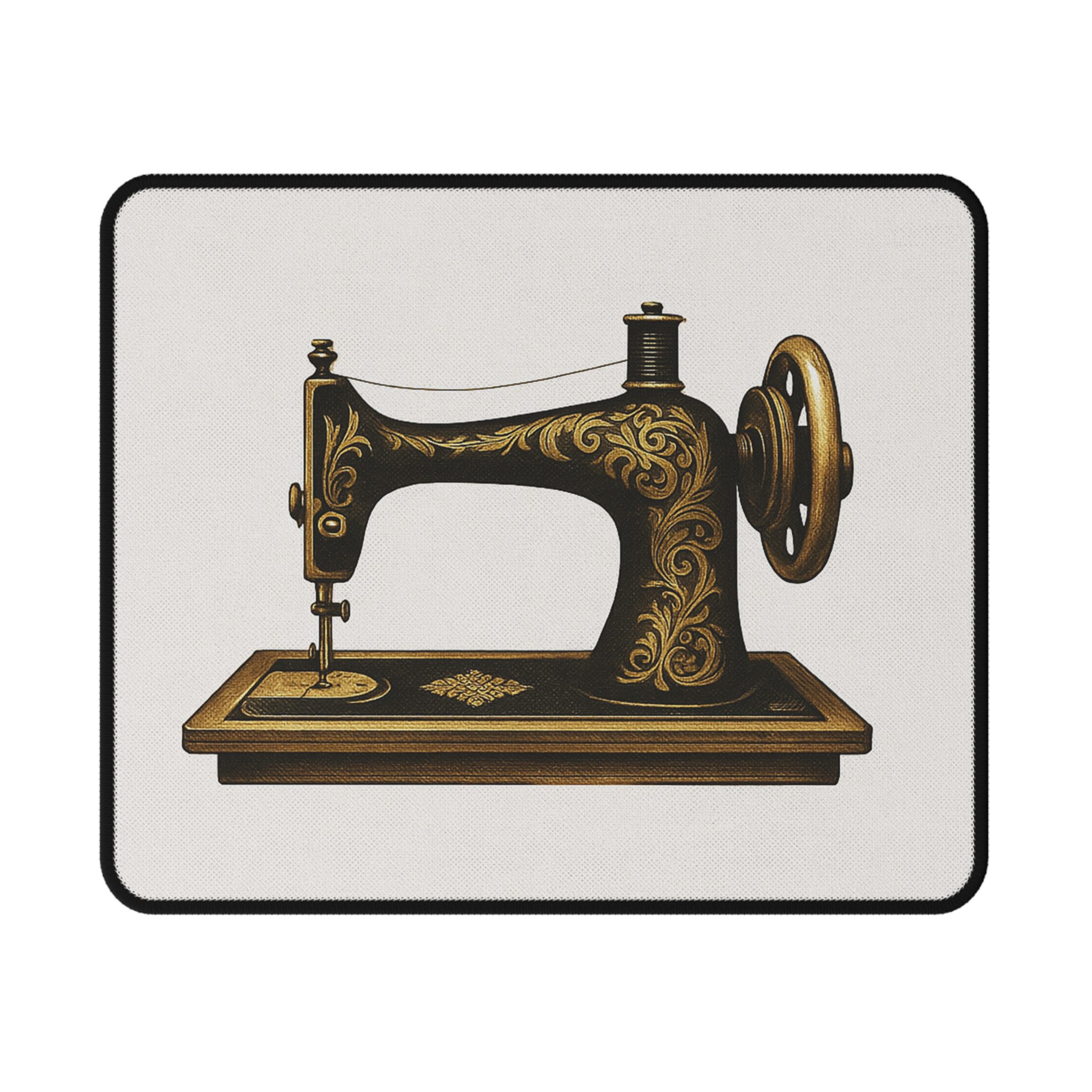 Minimalist sewing mouse mat featuring a gold vintage sewing machine illustration on a white background — elegant sewing themed desk accessory | By T Larkin.
