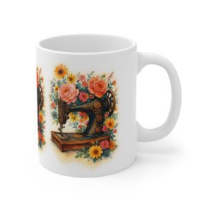 Elegant sewing mug featuring a vintage sewing machine surrounded by roses, daisies, and colourful flowers — perfect gift for quilters and sewing lovers | By T Larkin.