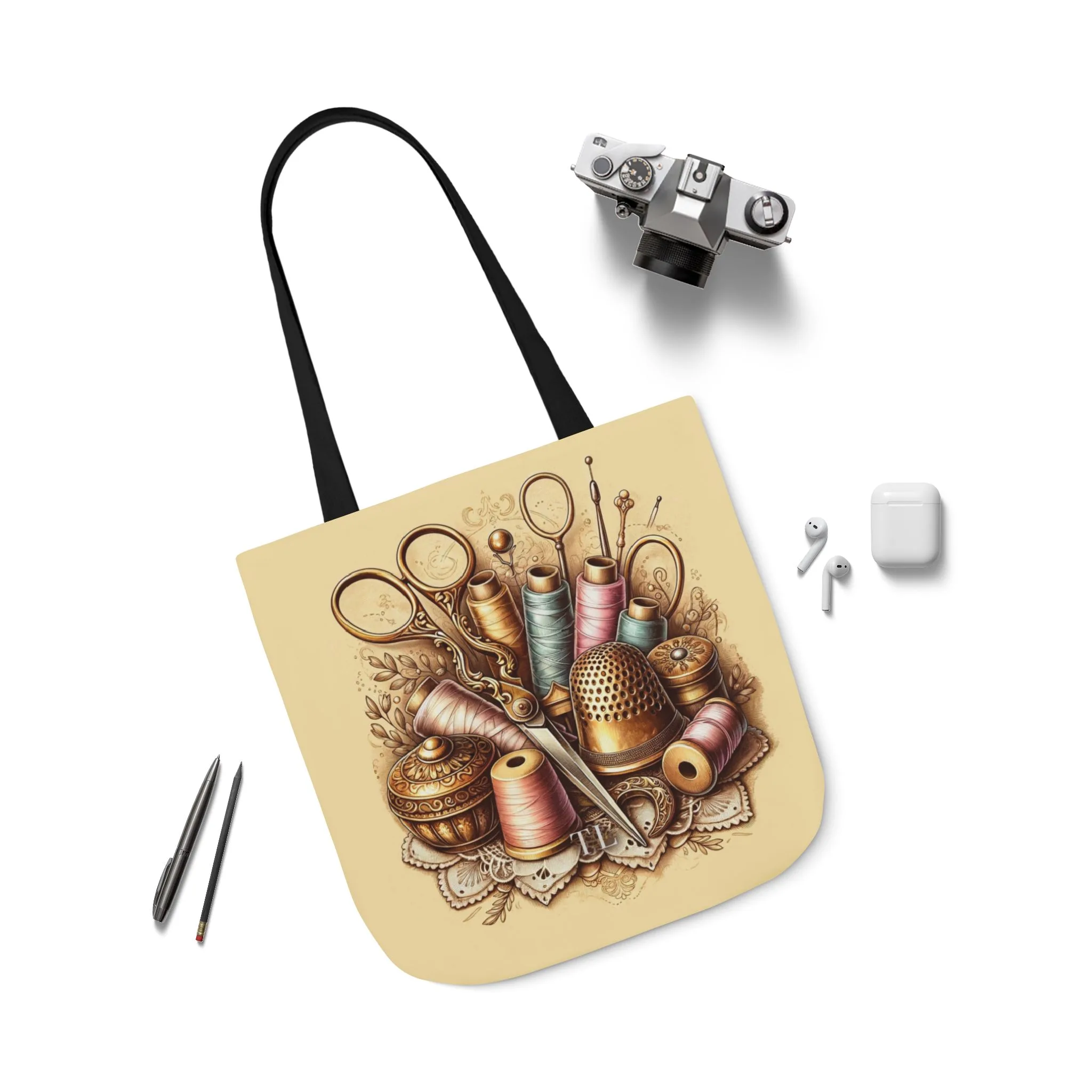 Sewing Tote Bag – Vintage Sewing Tools and Thimble Design, Gift for Quilters & Sewing Lovers - Image 2