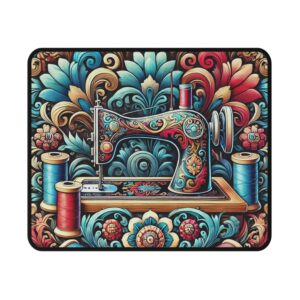 Colourful sewing mouse mat featuring a baroque floral design with a detailed sewing machine, red and blue spools, and ornate flowers — creative sewing gift | By T Larkin.