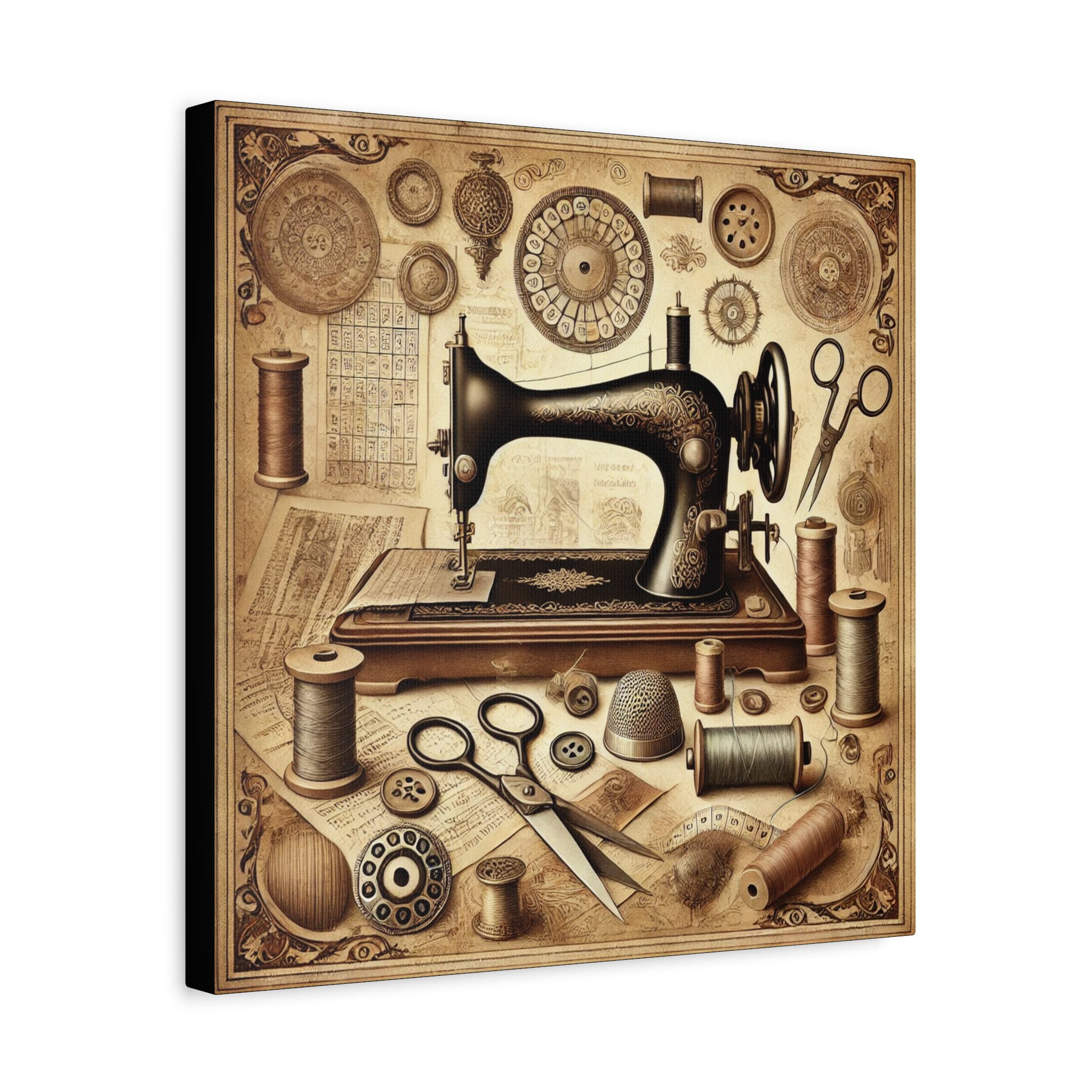 Antique sewing machine with vintage tools, thread spools, thimbles, and pattern papers printed on a 16x16 sewing canvas print | by T Larkin.