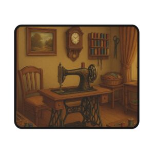 Vintage sewing mouse mat featuring an antique treadle sewing machine, wooden furniture, spools of thread, and warm golden tones — perfect gift for sewing lovers | By T Larkin.