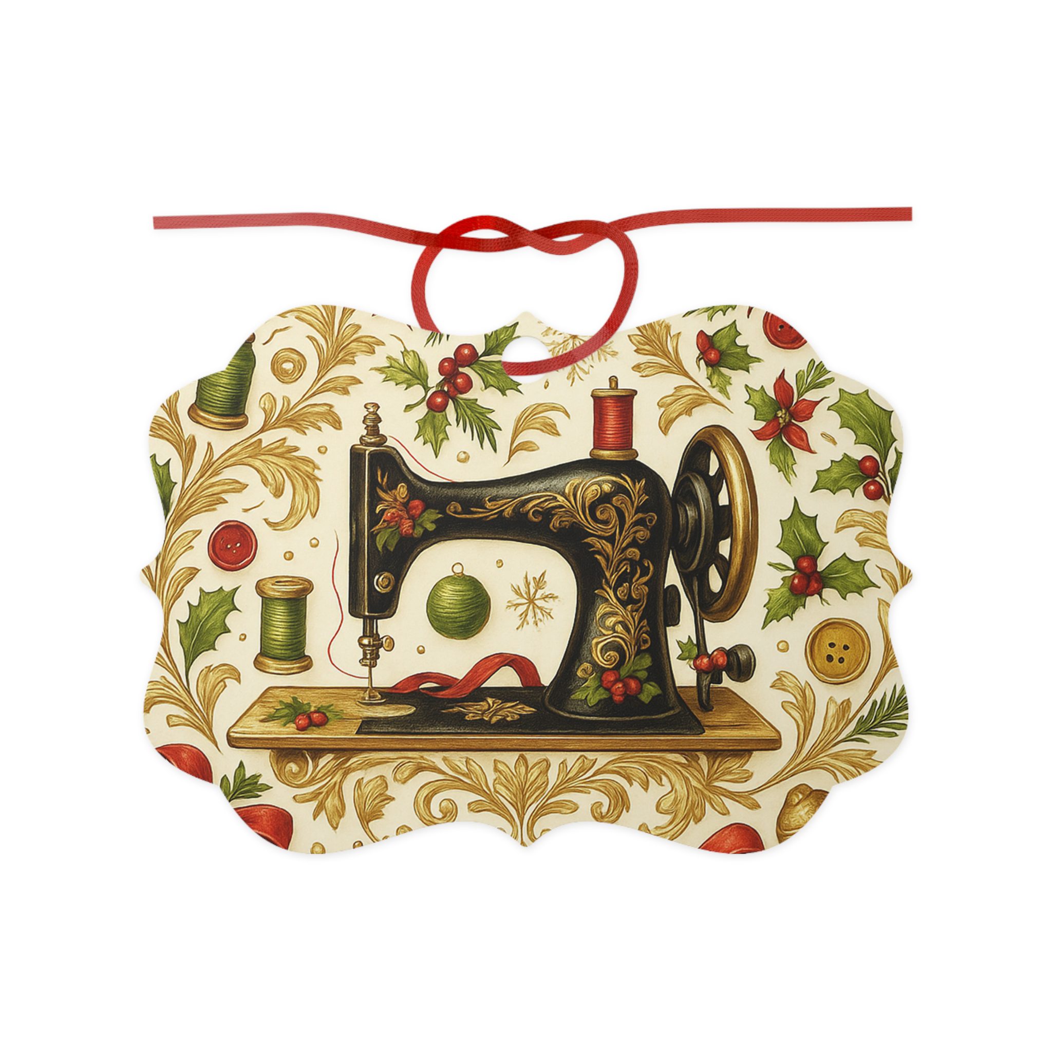 Sewing Christmas Hanging Ornament featuring a vintage sewing machine with holly, spools, and buttons — a festive decoration and gift for quilters and sewing lovers | By T Larkin.