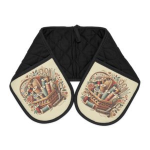 Vintage sewing oven mitts featuring a colourful basket filled with sewing notions, threads, scissors, and buttons, quilted and heat-resistant | by T Larkin.
