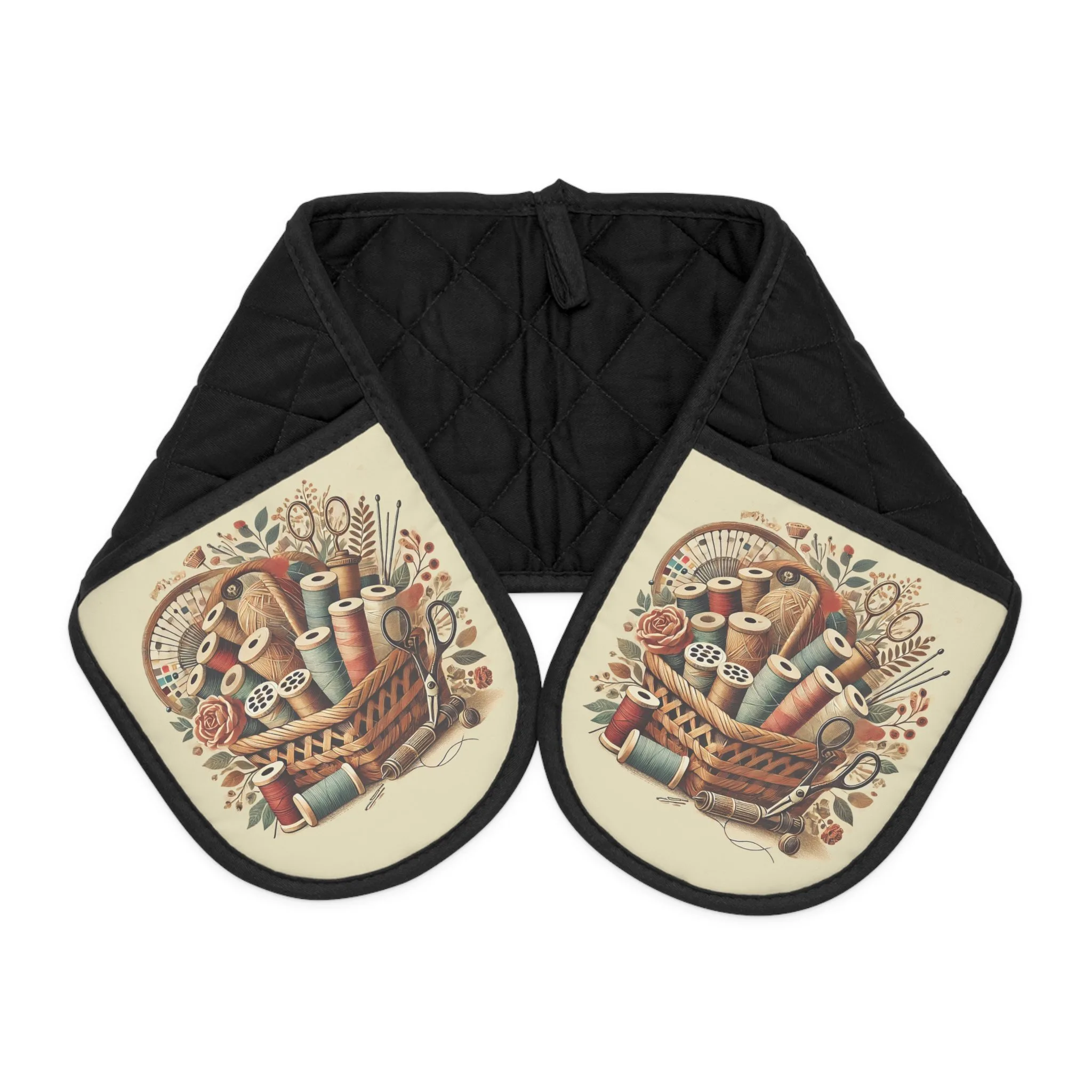Vintage sewing oven mitts featuring a colourful basket filled with sewing notions, threads, scissors, and buttons, quilted and heat-resistant | by T Larkin.