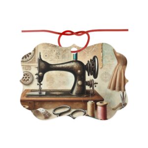 Sewing Christmas Hanging Ornament featuring a vintage dressmaker’s sewing machine with mannequin, scissors, and spools — perfect festive decoration for quilters and sewing lovers | By T Larkin.