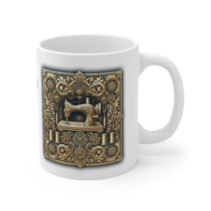 Luxury sewing mug featuring an ornate gold sewing machine with intricate scrollwork and spools on a dark background — elegant sewing themed gift | By T Larkin.