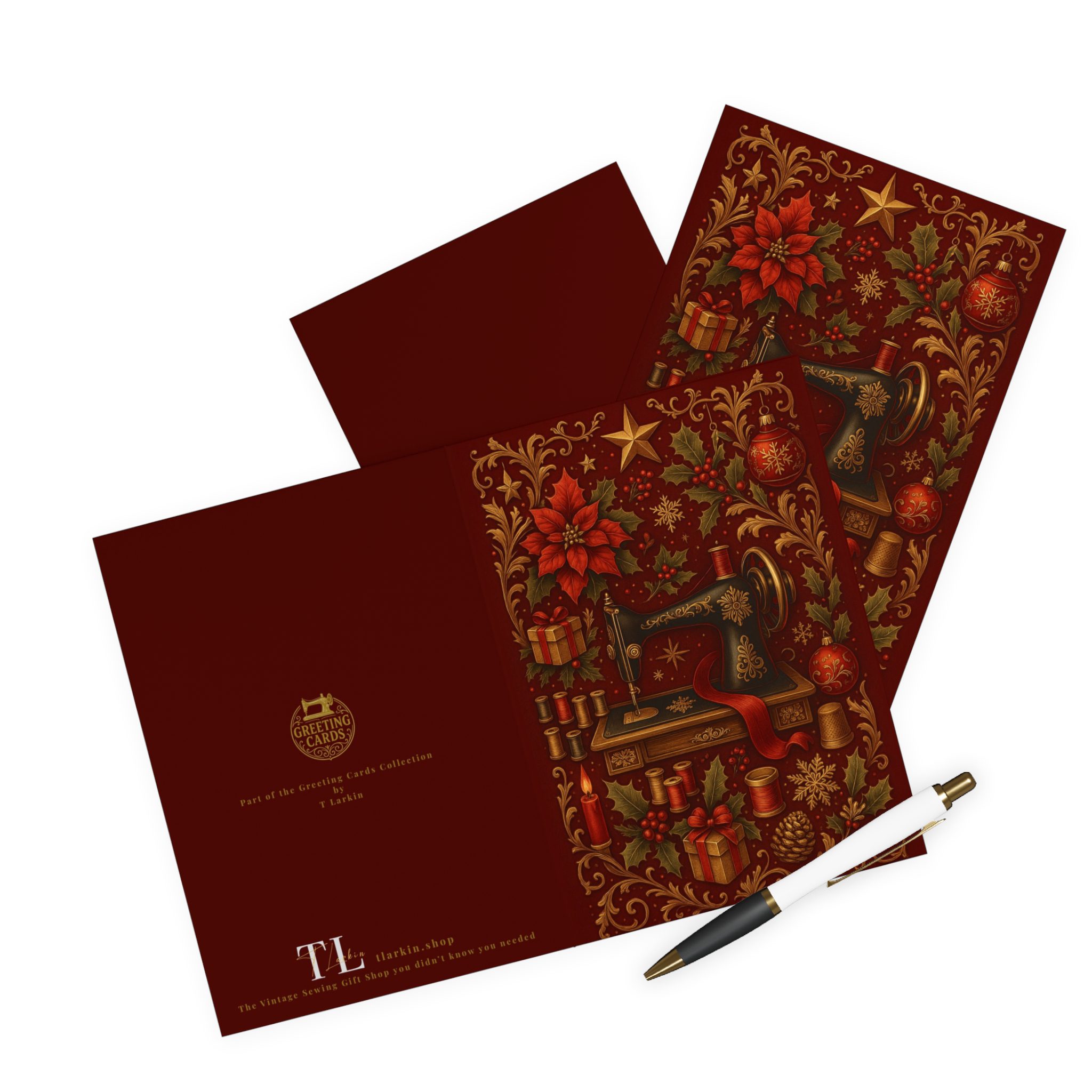 Sewing Christmas Card – Vintage Sewing Machine Christmas Wreath, Gift for Quilters & Sewing Lovers (Pack of 5) - Image 3