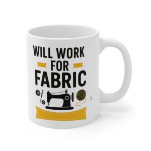 Funny sewing mug with the quote “Will Work for Fabric” in black and gold retro style, featuring a vintage sewing machine and spool – perfect gift for sewing lovers | By T Larkin.