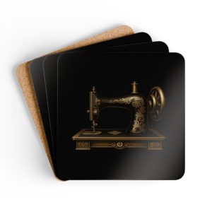 Black and gold vintage sewing coasters with ornate sewing machine artwork on glossy MDF top with cork backing | By T Larkin.