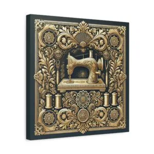 Regal gold vintage sewing machine artwork with ornate filigree and thread spools printed on a 16x16 sewing canvas print | by T Larkin.