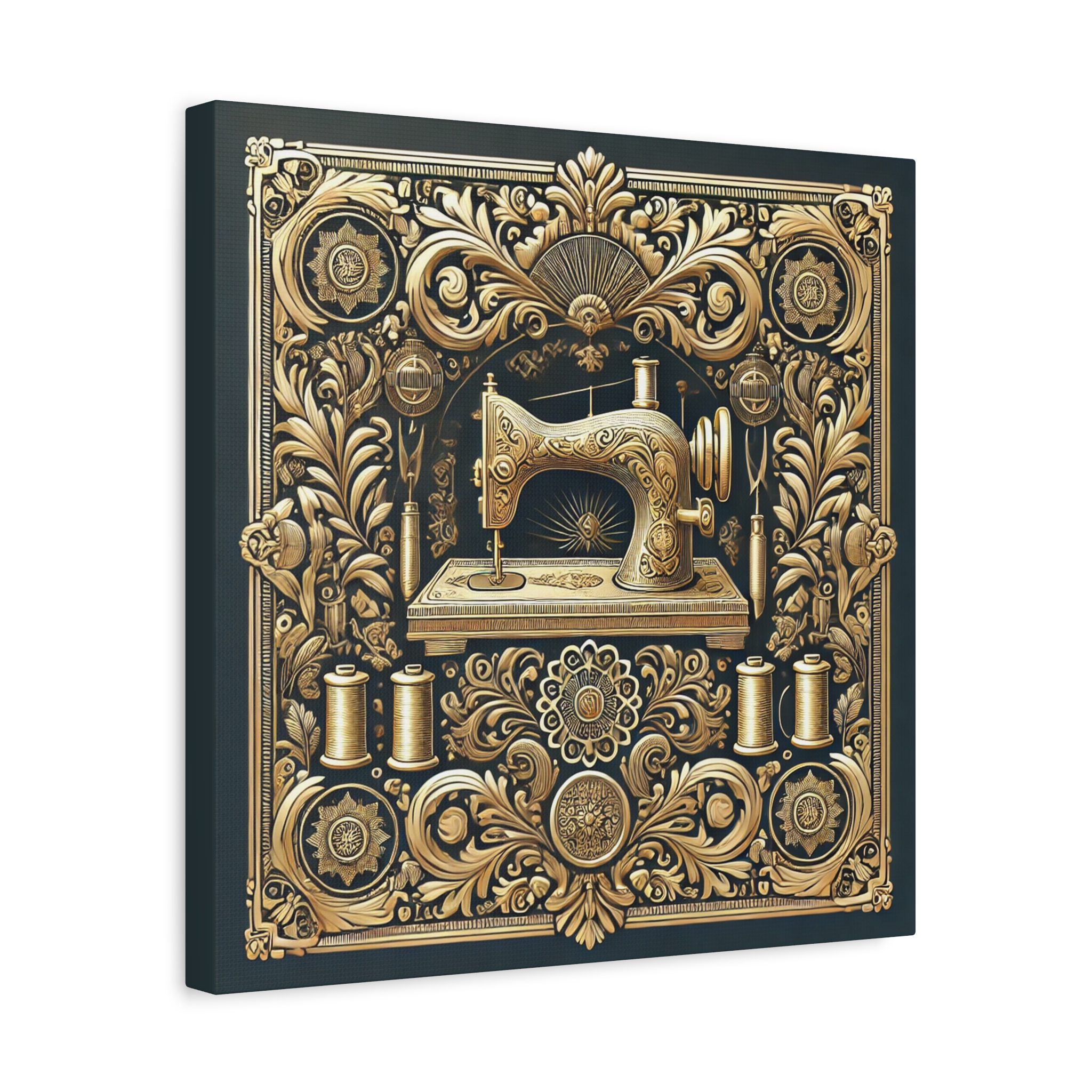 Regal gold vintage sewing machine artwork with ornate filigree and thread spools printed on a 16x16 sewing canvas print | by T Larkin.