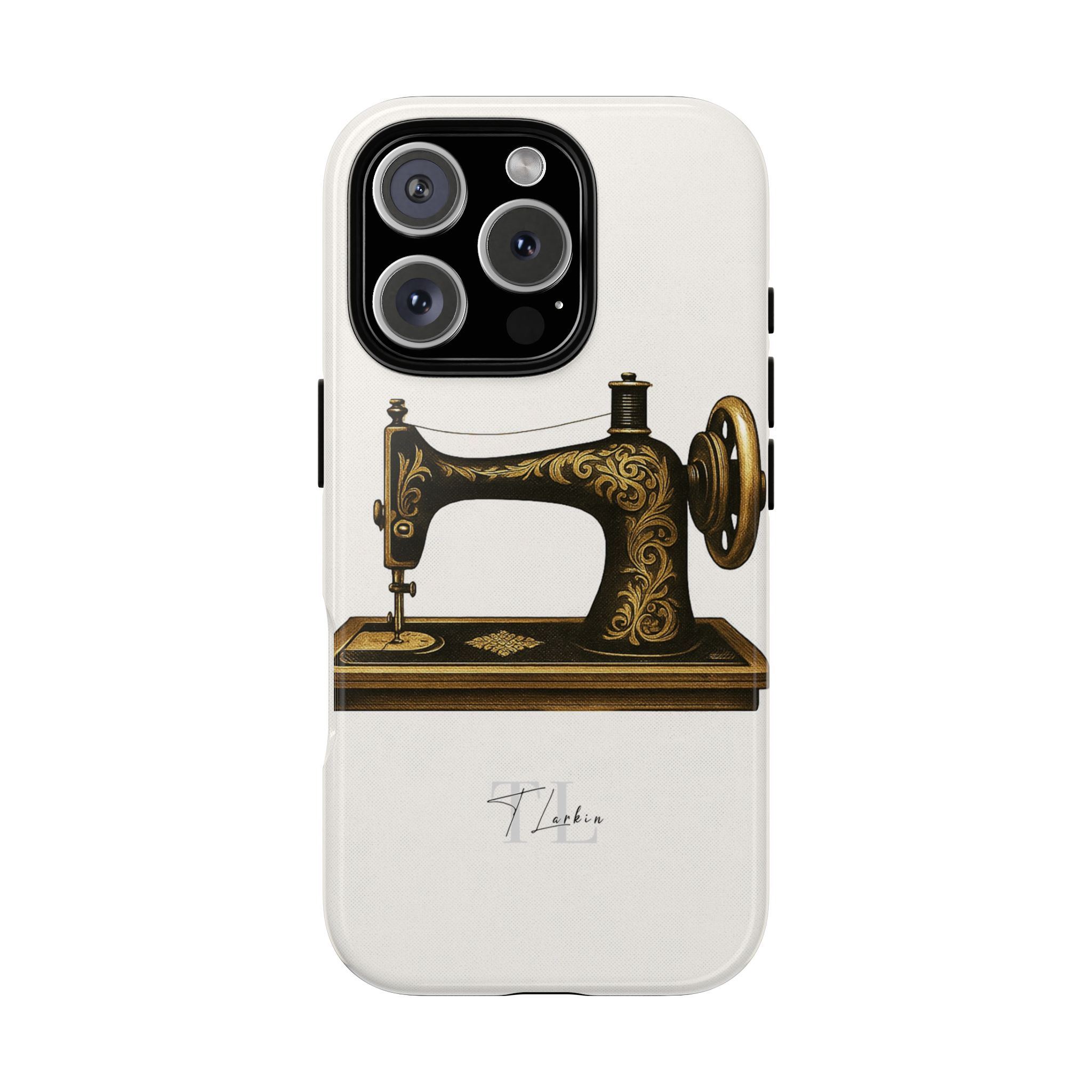 Minimalist gold vintage sewing machine phone case design on white background | By T Larkin