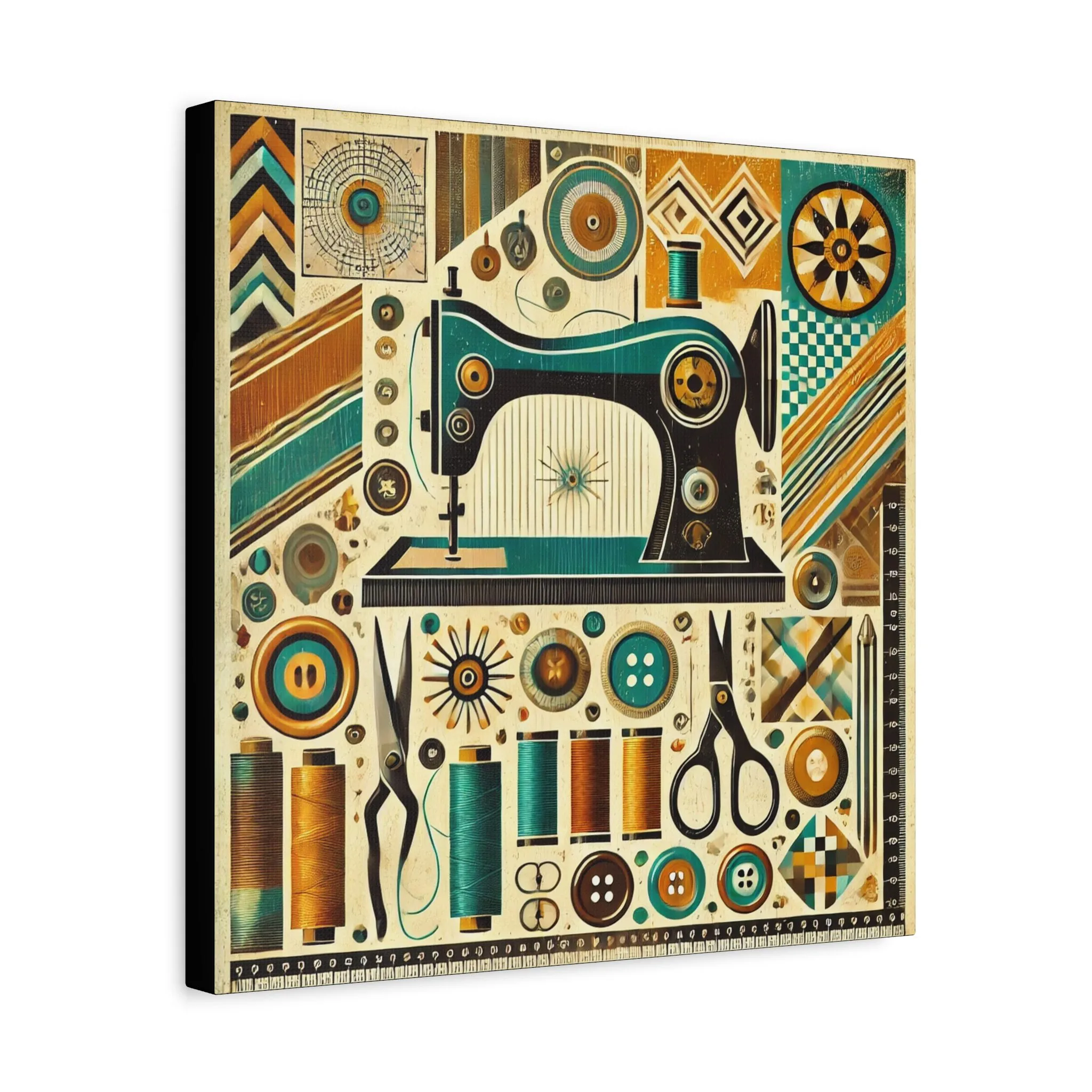 Retro teal sewing machine illustration with vintage buttons, scissors, and thread motifs printed on a 16x16 sewing canvas print | by T Larkin.