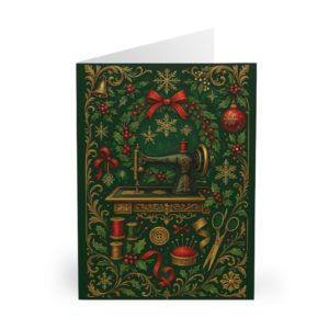 Vintage green Sewing Christmas Card featuring a gold-decorated sewing machine inside a festive wreath with holly, ribbon and snowflakes | by T Larkin.