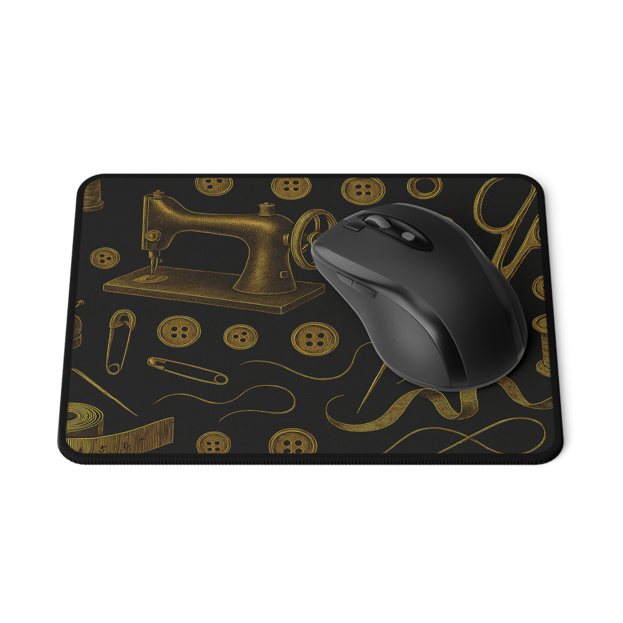Sewing Mouse Mat – Gold on Black Sewing Pattern Design, Stylish Gift for Quilters & Sewing Lovers - Image 2