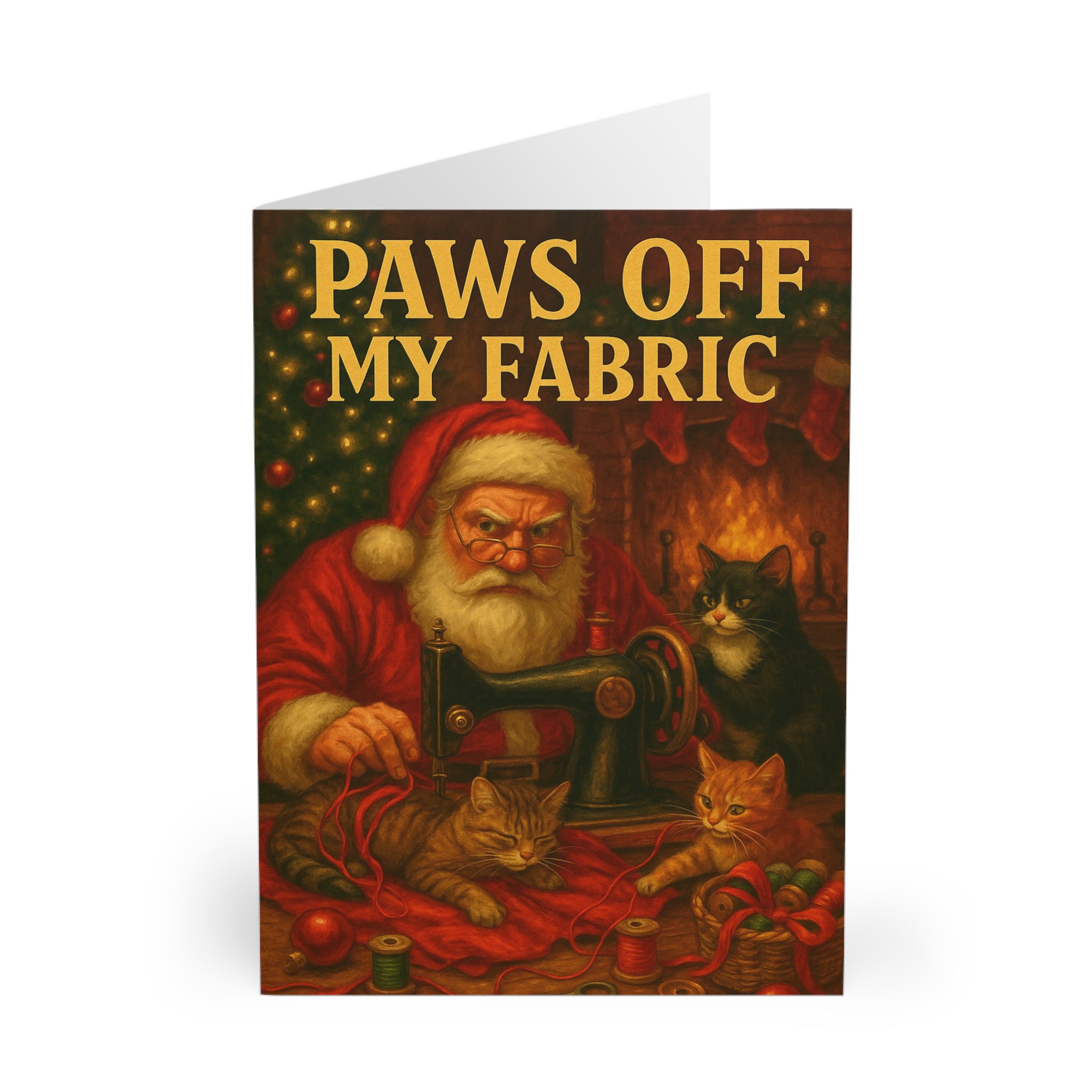 Funny sewing Christmas card with Santa at a vintage sewing machine, three cats, red fabric and “Paws Off My Fabric” text — festive card for sewing lovers | by T Larkin.