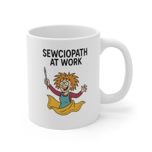 Funny sewing mug featuring cartoon character holding a needle with the text “Sewciopath at Work” — hilarious sewing themed gift for quilters and sewing lovers | By T Larkin.