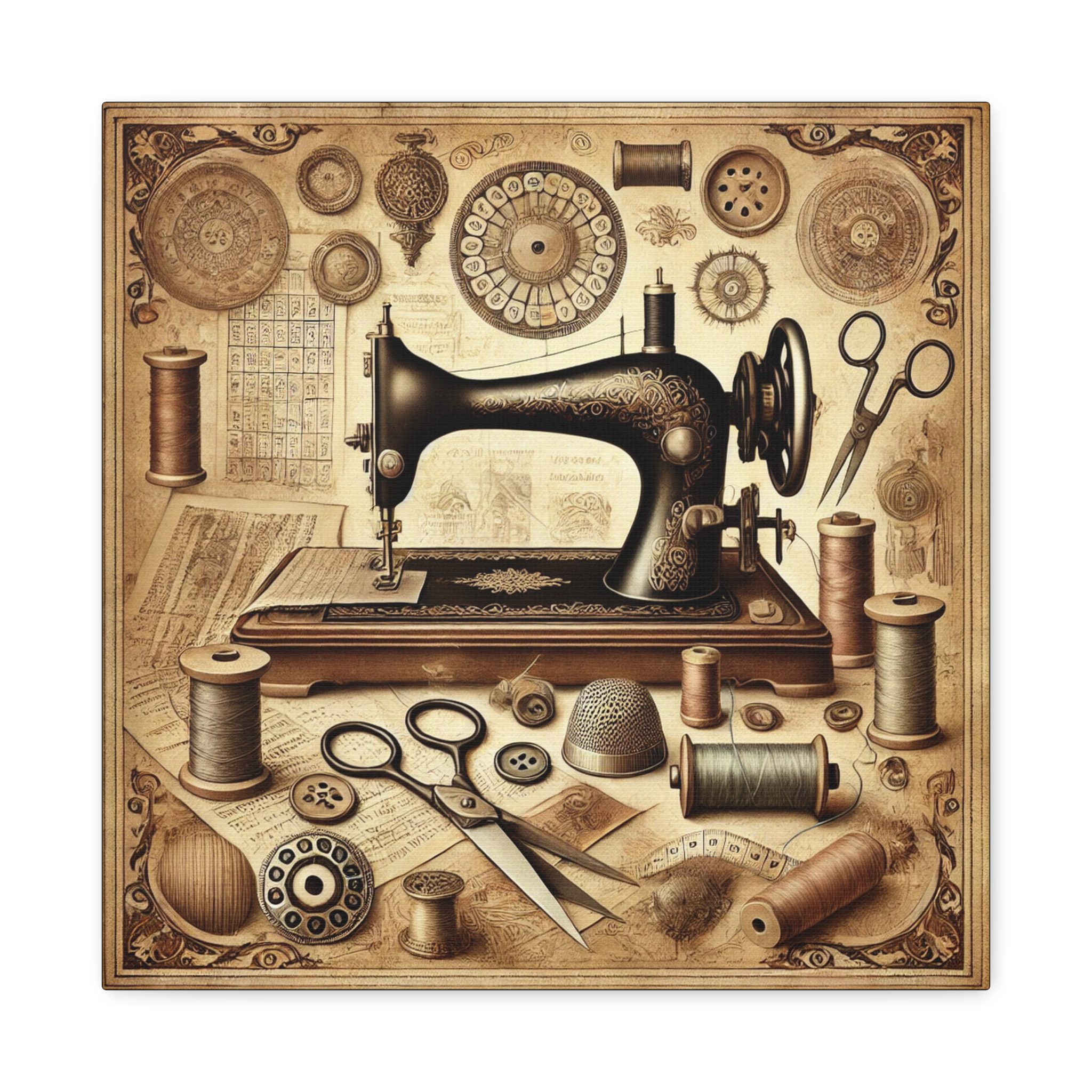 Sewing Canvas Print – Antique Sewing Machine & Tools Art, Gift for Sewing Lovers & Quilters (16" × 16") - Image 2