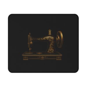 Elegant sewing mouse mat featuring a gold vintage sewing machine illustration on a black background — luxury sewing themed desk accessory | By T Larkin.
