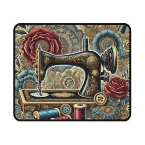 Ornate floral sewing mouse mat featuring a vintage gold sewing machine surrounded by red and blue flowers, buttons, and spools of thread — elegant sewing gift | By T Larkin.