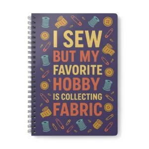 Funny sewing notebook with “I Sew But My Favourite Hobby is Collecting Fabric” design | By T Larkin